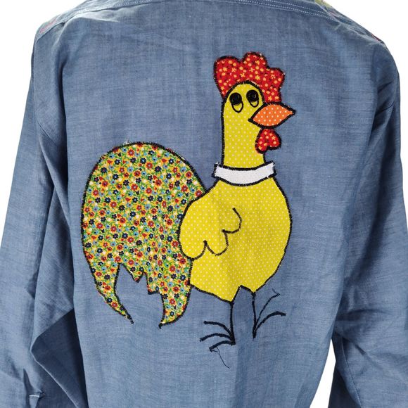 Vintage 70s Embroidered Work Shirt Size L Chambray De Colores Chicken - Picture 9 of 16